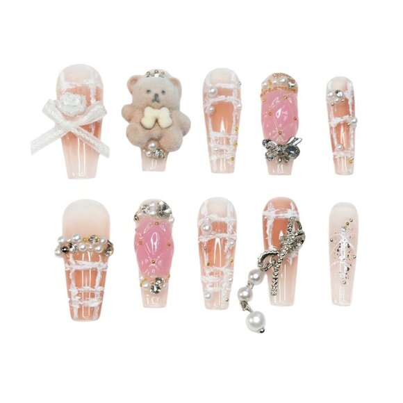 tipsy | Handmade Press On Nails | Long Coffin| 3D Nail | Crochet | Beary Pearly - Picture 14 of 16